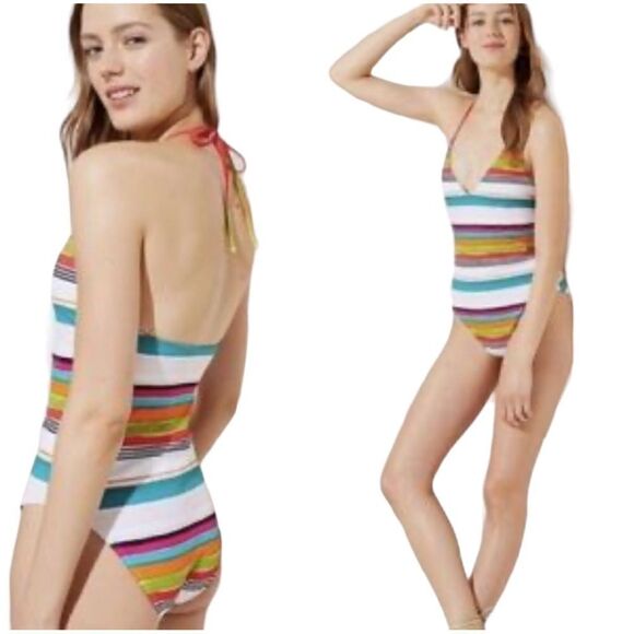 NWT LOFT Beach Striped Halter One Piece Swimsuit sz 4 - Picture 1 of 9